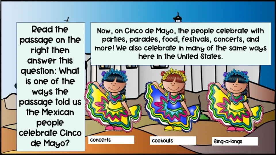 Passage asks which Cinco de Mayo celebration it mentions, with choices concerts, cookouts, and sing-a-longs