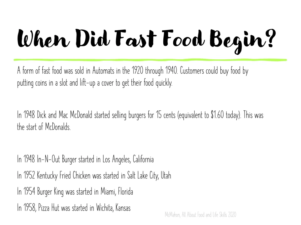 When Did Fast Food Begin? timeline from 1920s Automats to the start of McDonald's, In-N-Out, KFC, Burger King, Pizza Hut