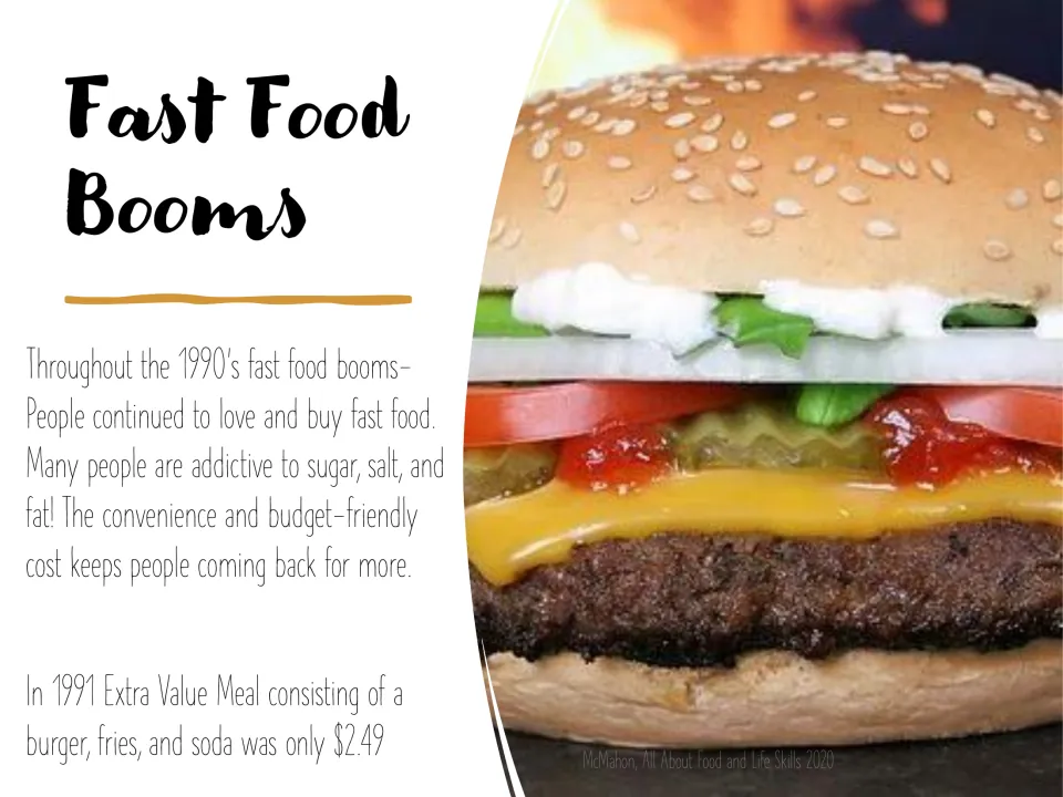 Fast Food Booms: 1990s growth driven by sugar, salt, fat, convenience and low cost; the 1991 $2.49 Extra Value Meal