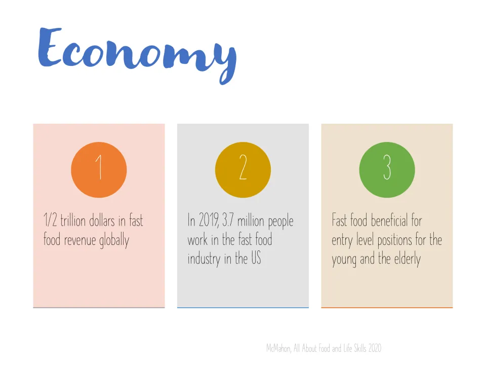 Economy slide with three numbered facts: half a trillion in global revenue, 3.7 million US workers, entry-level jobs