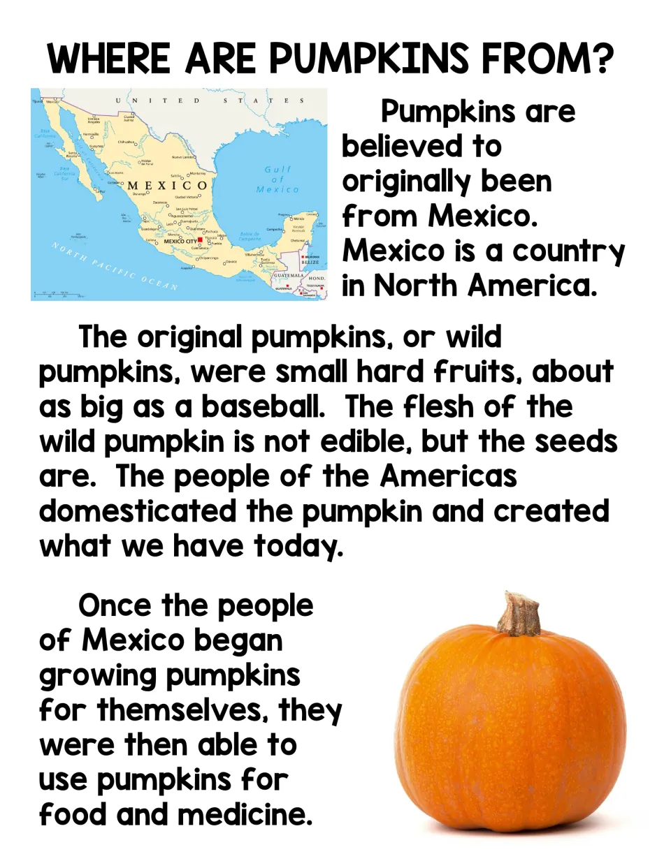 Where are pumpkins from? Reading passage on wild pumpkins in Mexico, with a Mexico map and a photo of a pumpkin