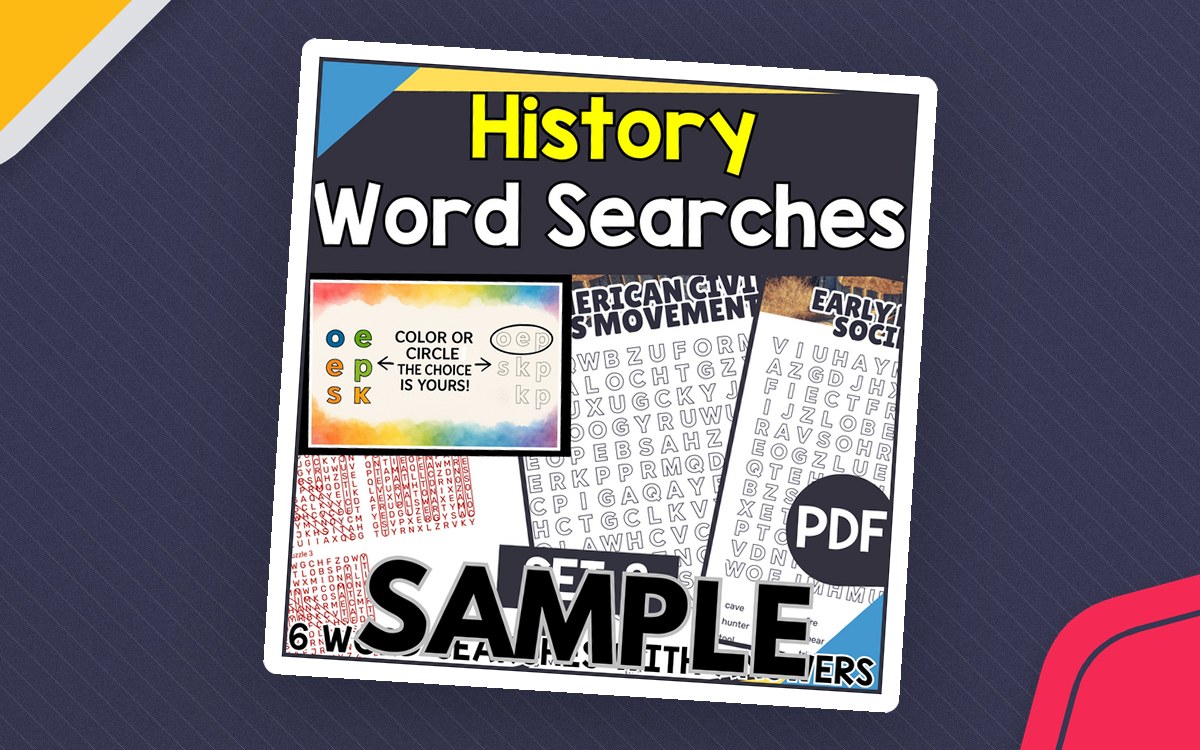 History Word Searches Set 3 sample cover with early-human and ancient-society word grids.