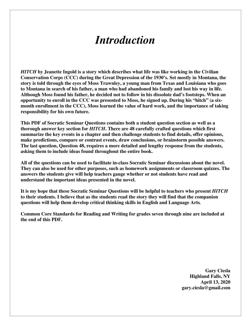 Introduction to the novel study outlining Moss’s CCC experience, 48 questions, an answer key, and classroom uses