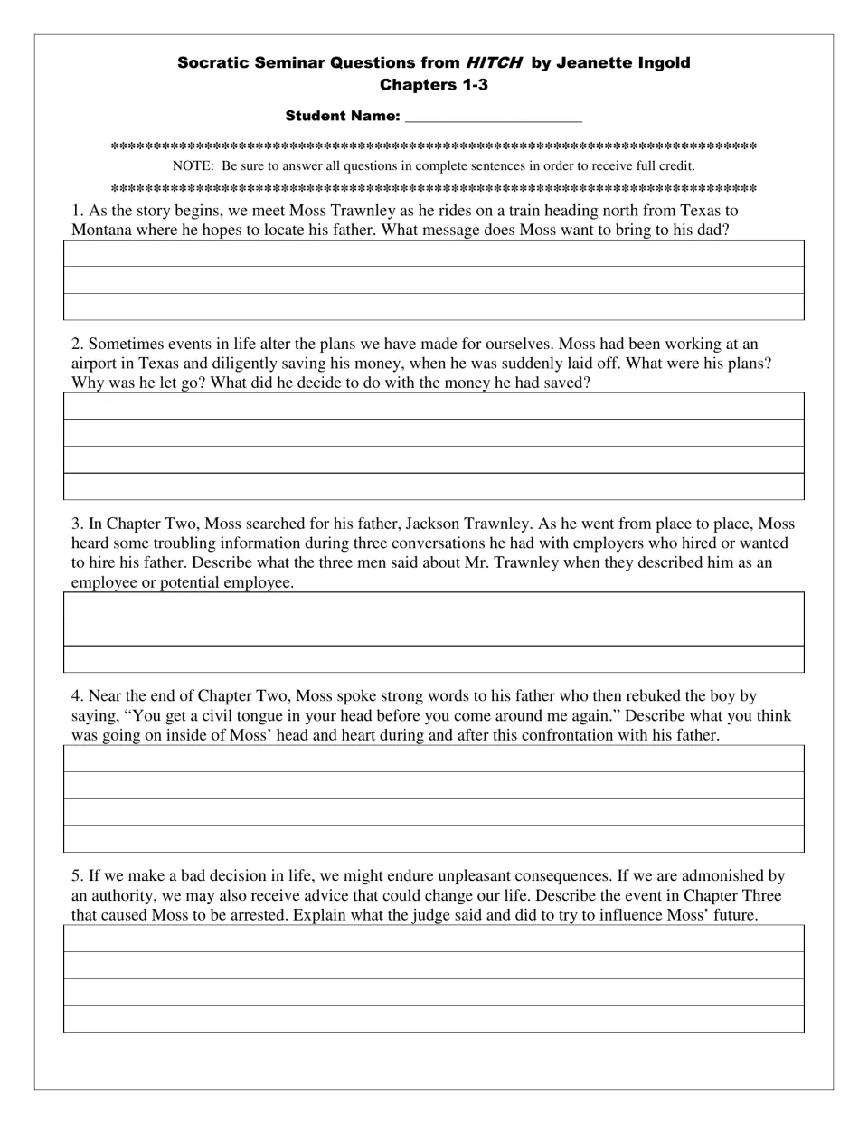 Student questions 1–5 for chapters 1–3 examine Moss’s search for his father, lost job, confrontation, and arrest