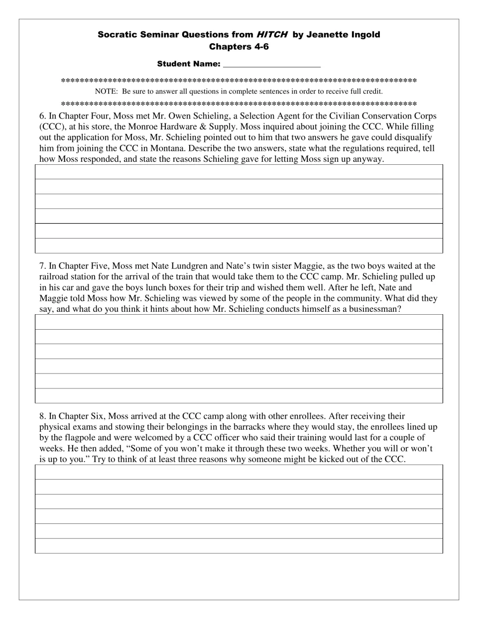 Student questions 6–8 for chapters 4–6 address Moss’s CCC application, Mr. Schieling, and reasons for dismissal