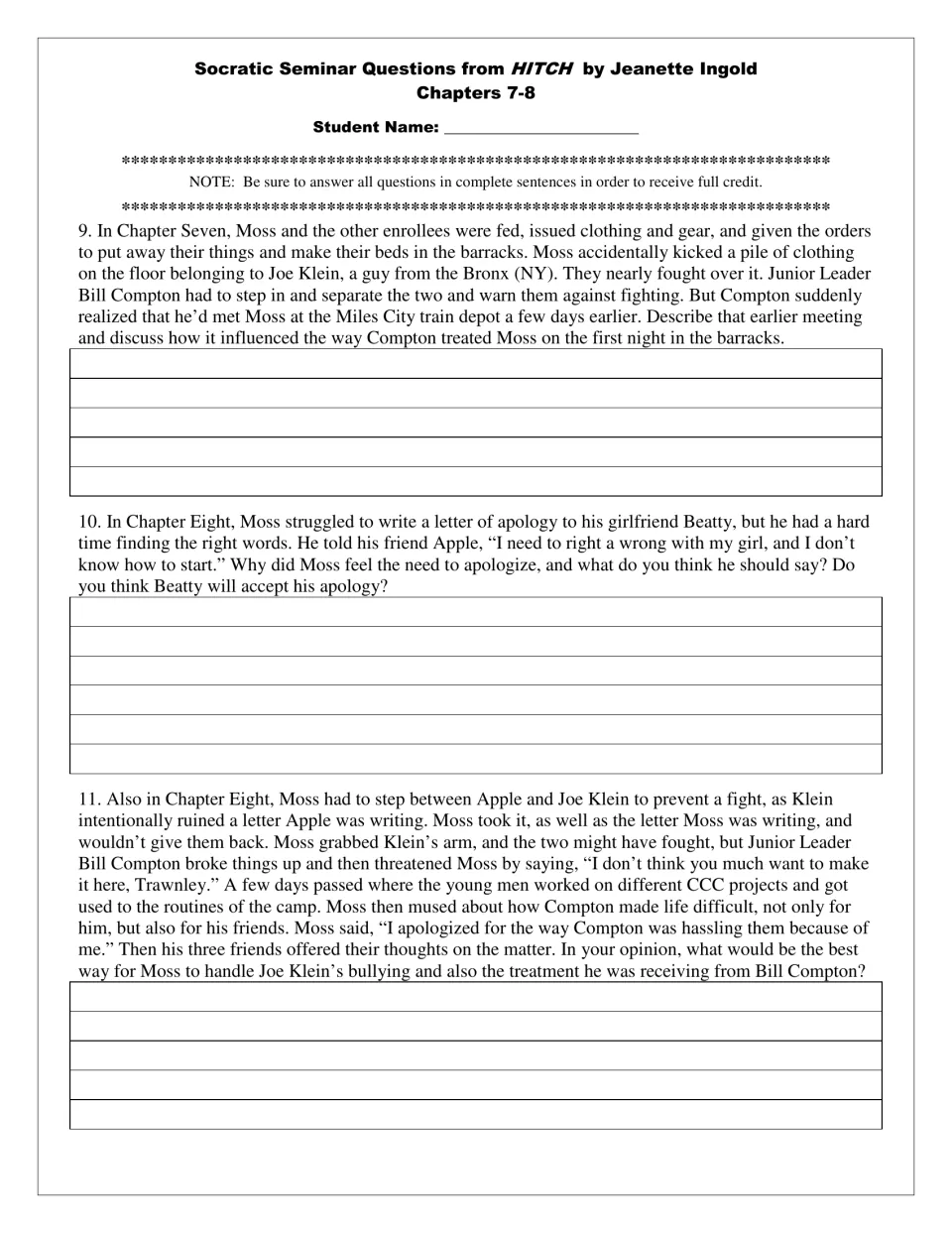 Student questions 9–11 for chapters 7–8 explore Compton’s treatment of Moss, an apology to Beatty, and bullying