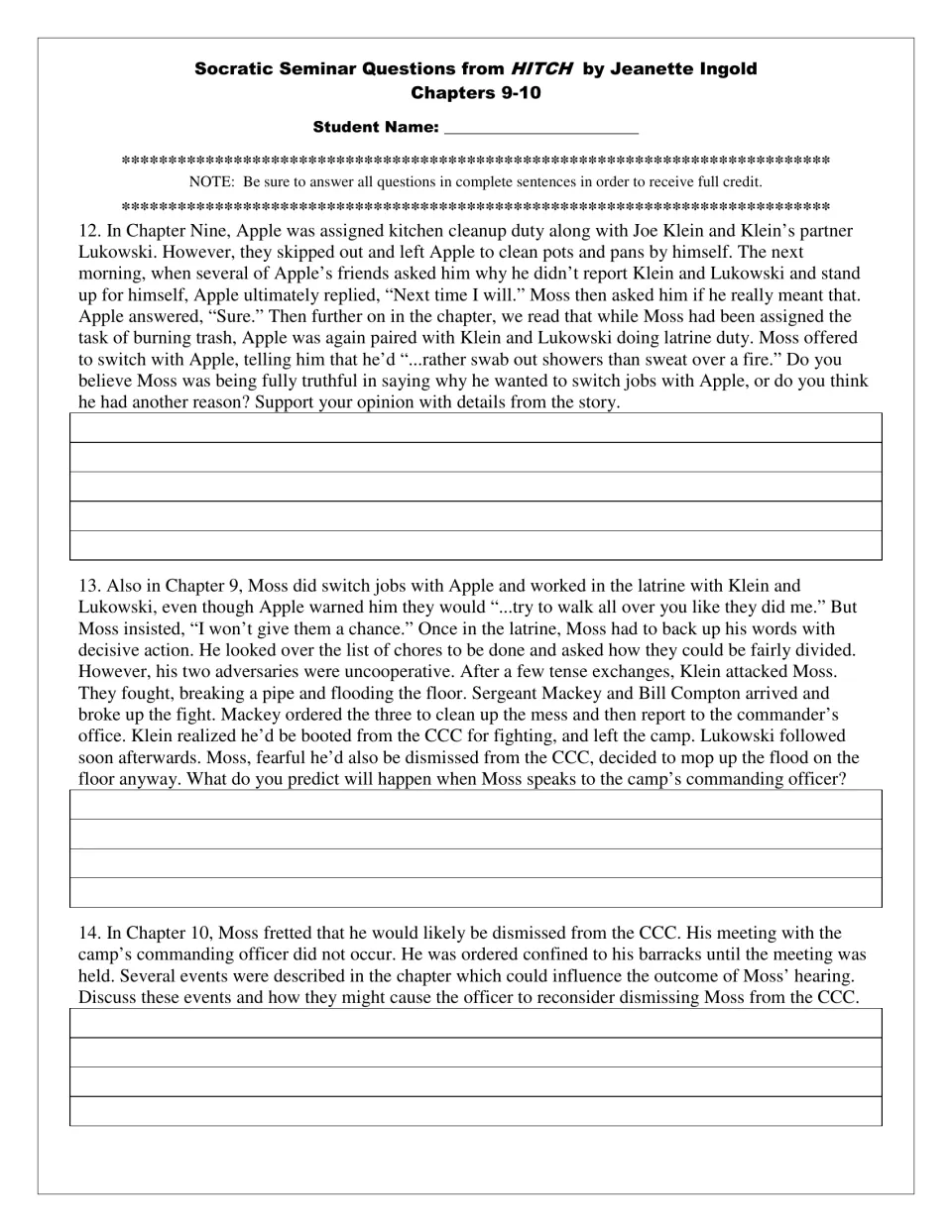 Student questions 12–14 for chapters 9–10 ask about Moss helping Apple, a fight, and his possible CCC dismissal