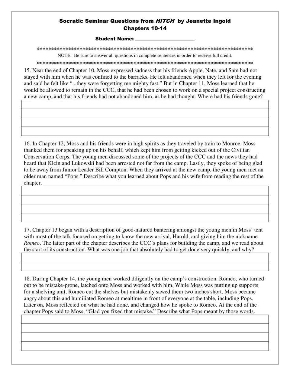 Student questions 15–18 for chapters 10–14 examine Moss’s friends, Pops, camp construction, and handling mistakes
