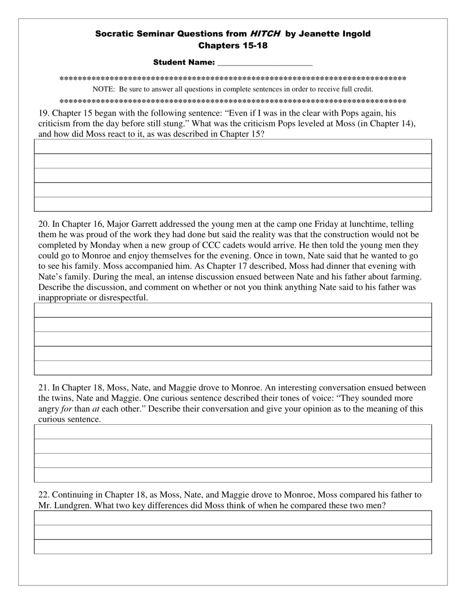 Student questions 19–22 for chapters 15–18 explore Pops’s criticism, Nate’s family, and comparisons of fathers