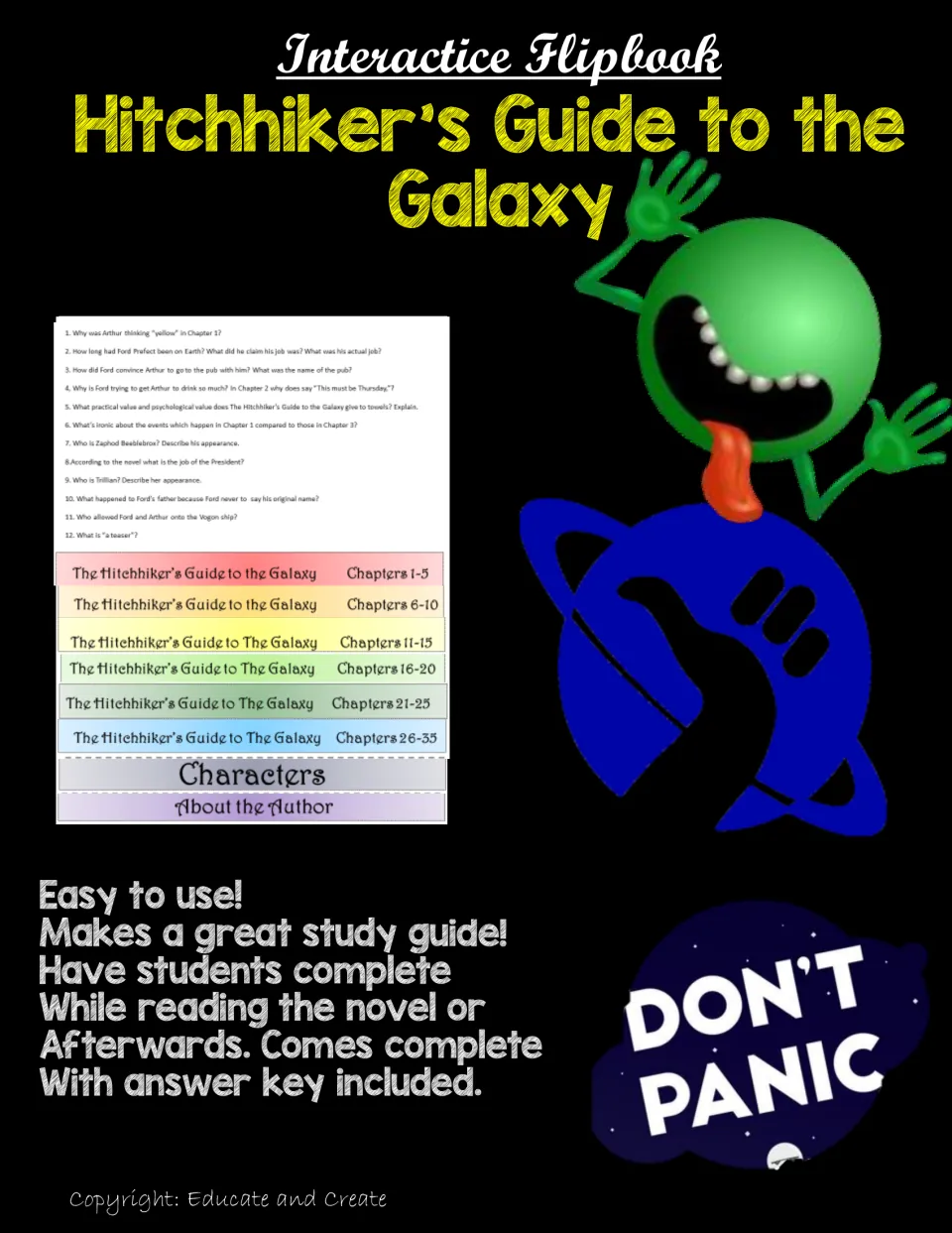 Hitchhiker's Guide to the Galaxy interactive flipbook cover showing chapter tabs 1-35, Characters and About the Author