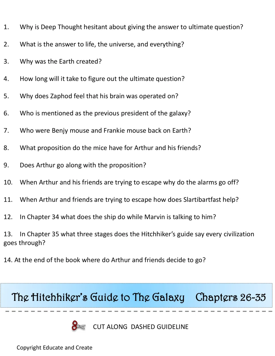 Chapters 26-35 flap: 14 questions on Deep Thought's answer, the mice's proposition, the escape and where the friends go