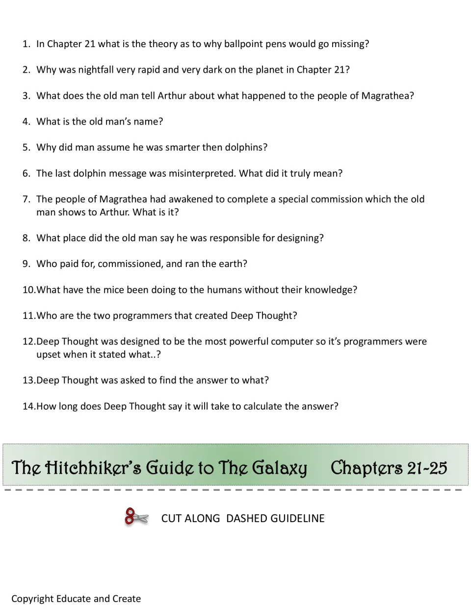 Chapters 21-25 flap: 14 comprehension questions on Magrathea's old man, the dolphins, the mice and Deep Thought's creators