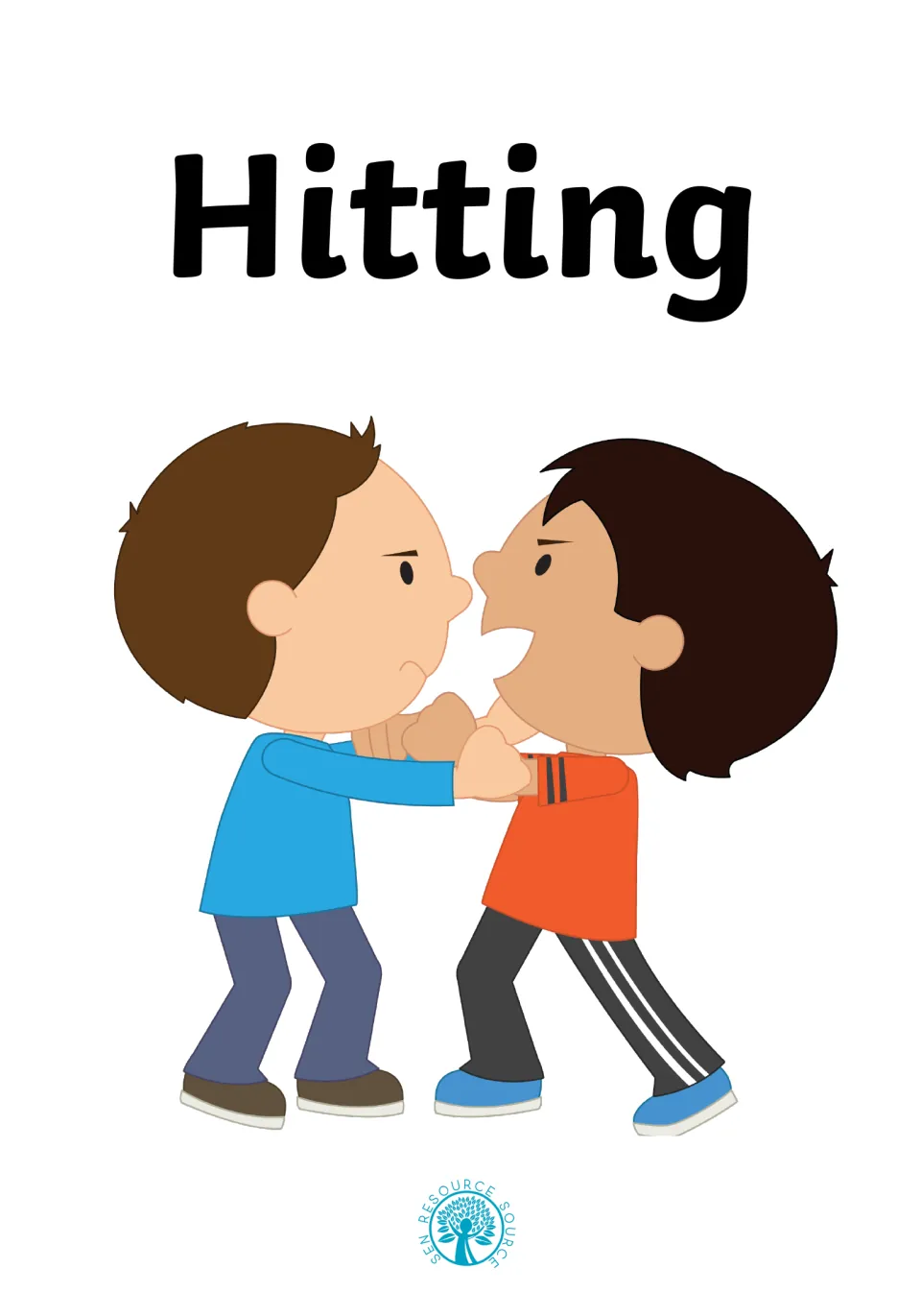 Hitting social story cover: the title Hitting above two cartoon boys with angry faces grabbing and pushing each other
