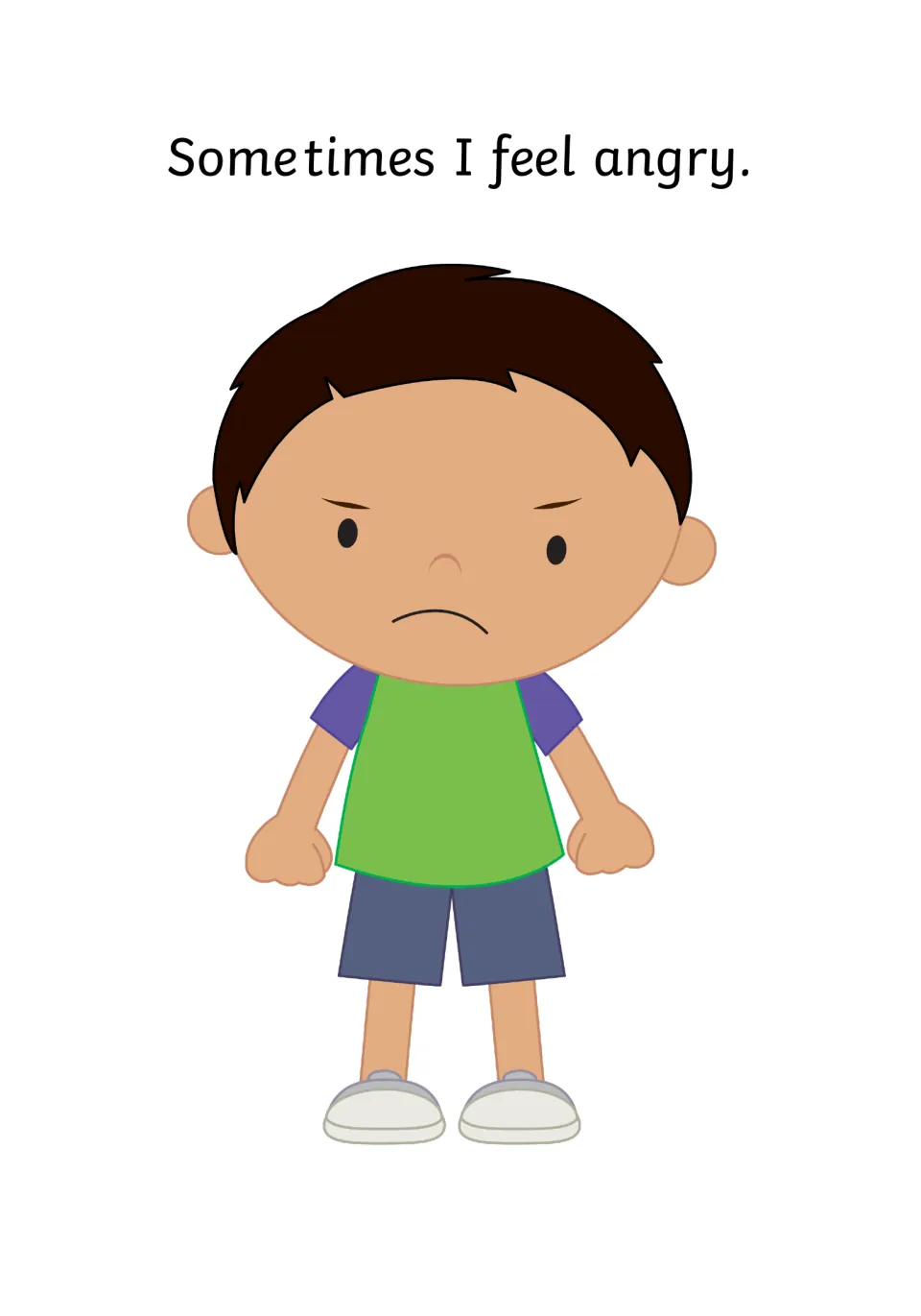 Naming feelings: "Sometimes I feel angry." shown by a frowning boy with clenched fists to help students recognise anger