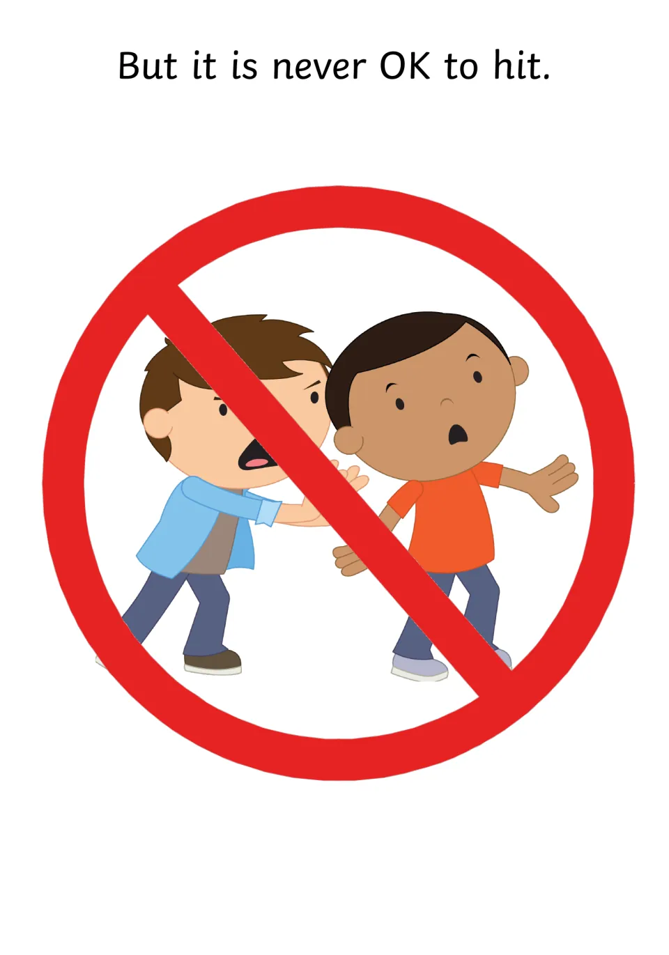 Setting the rule: "But it is never OK to hit," with the hitting scene crossed out by a red prohibition symbol