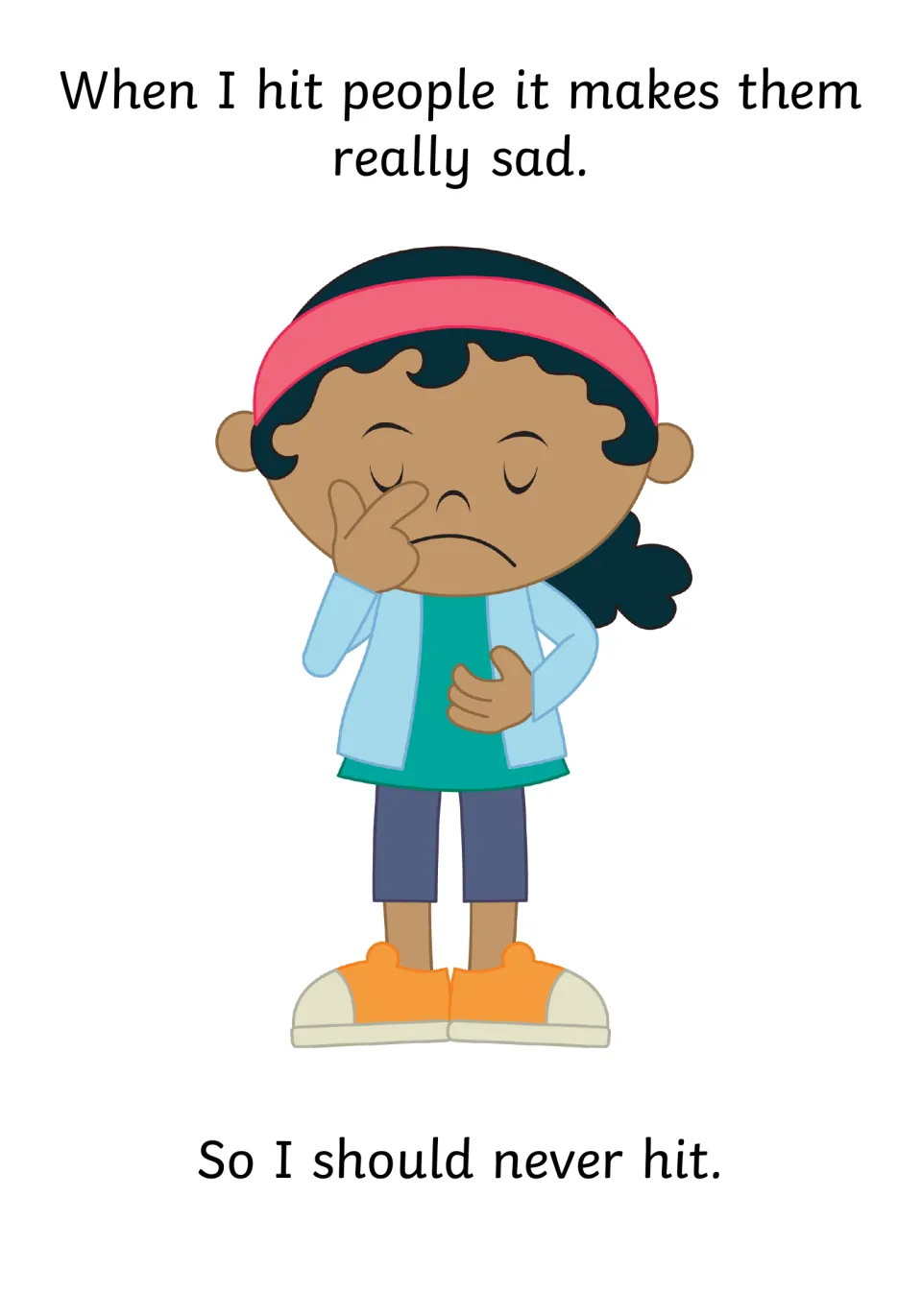 Consequence of hitting: "When I hit people it makes them really sad," a girl wiping tears; ends "So I should never hit"