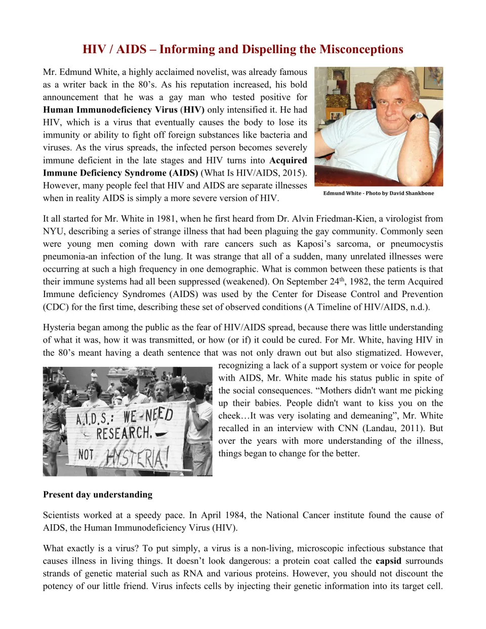 HIV/AIDS article opening: students read about Edmund White, the 1980s AIDS crisis and what a virus is