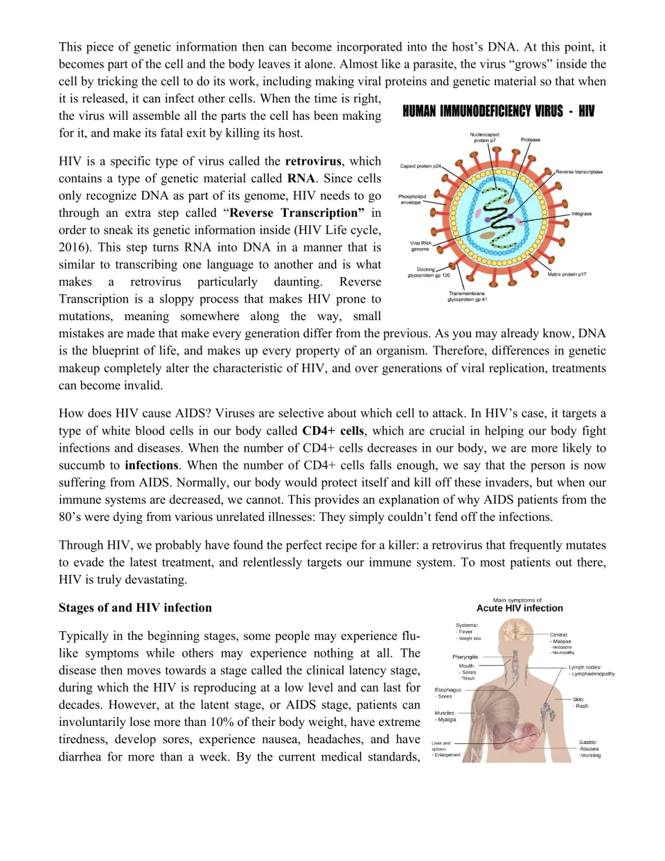 Retrovirus reading: how HIV uses reverse transcription and attacks CD4+ cells, with a labeled virus diagram