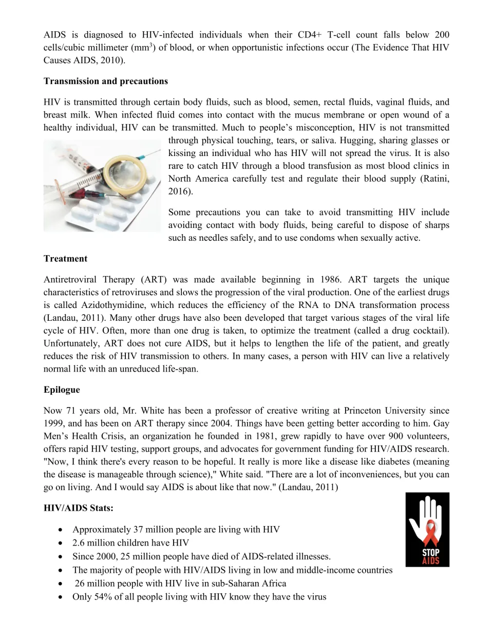 HIV transmission and treatment: students read how HIV spreads, how ART works, Edmund White today and global HIV stats