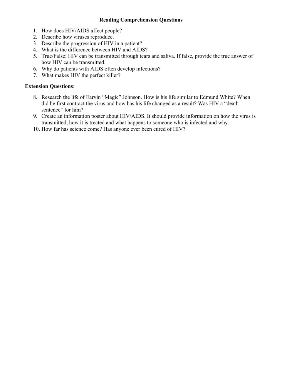 Reading comprehension questions: seven questions on HIV, AIDS and viruses plus three research and poster extension tasks