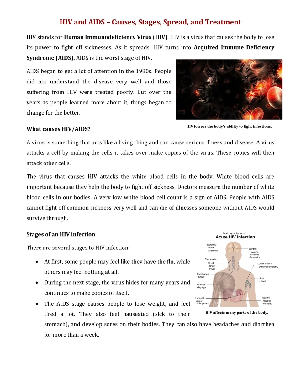 HIV and AIDS reading: how the virus attacks white blood cells and the stages of infection, with a body symptoms diagram