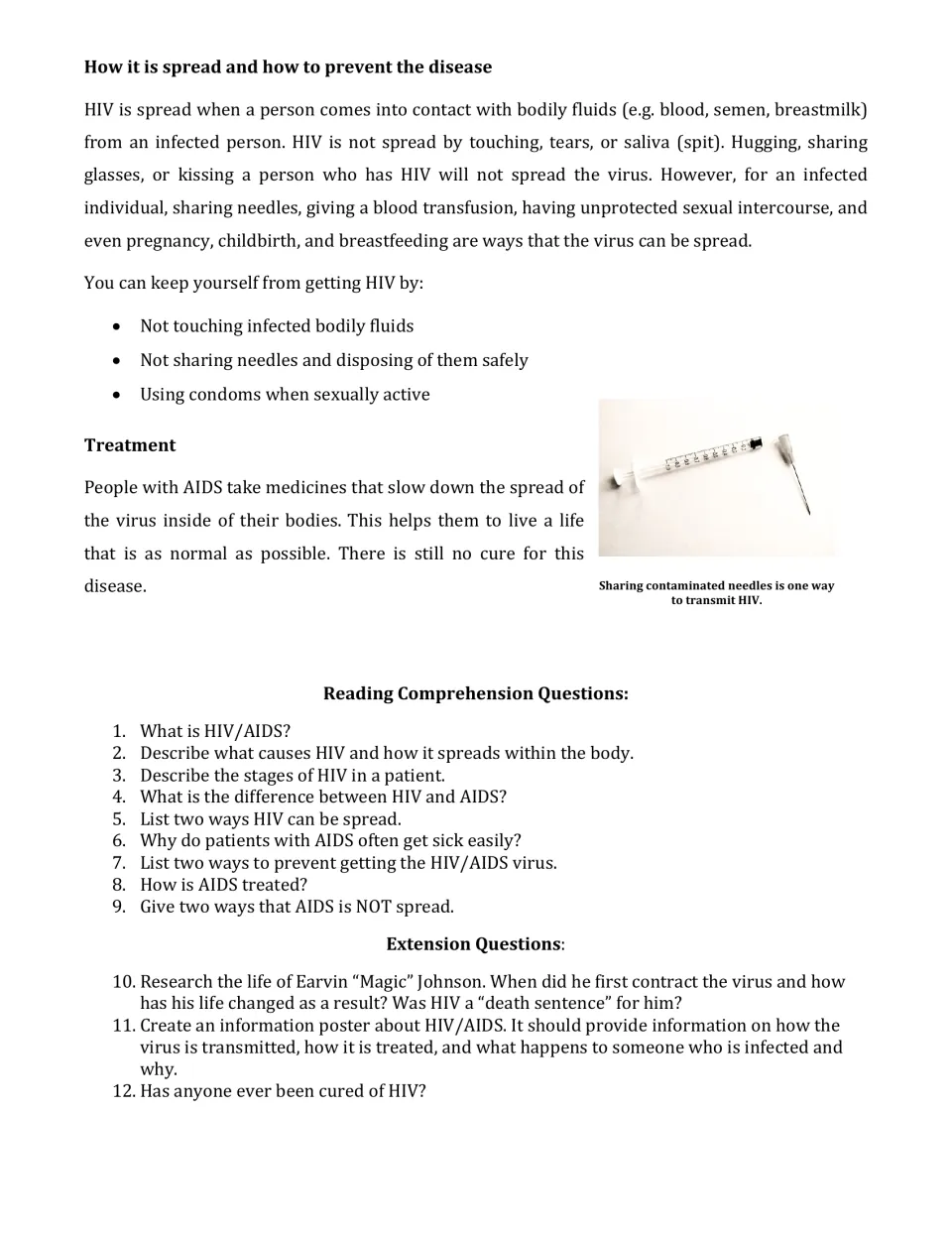 HIV spread, prevention and treatment text followed by 9 comprehension questions and 3 extension research tasks