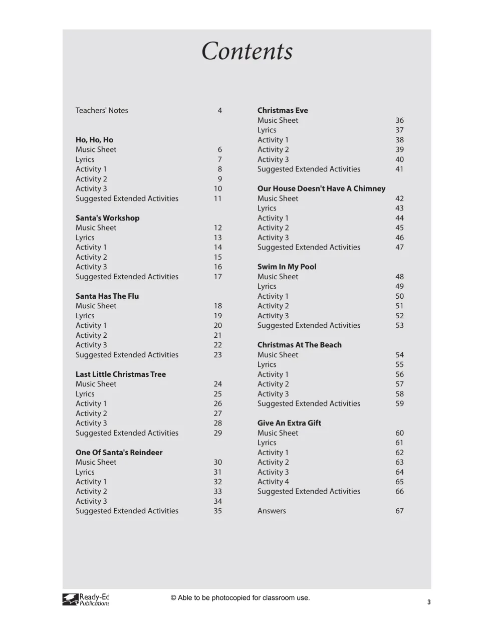 Contents: ten Christmas songs, each with music sheet, lyrics, activities and extension ideas; answers on page 67