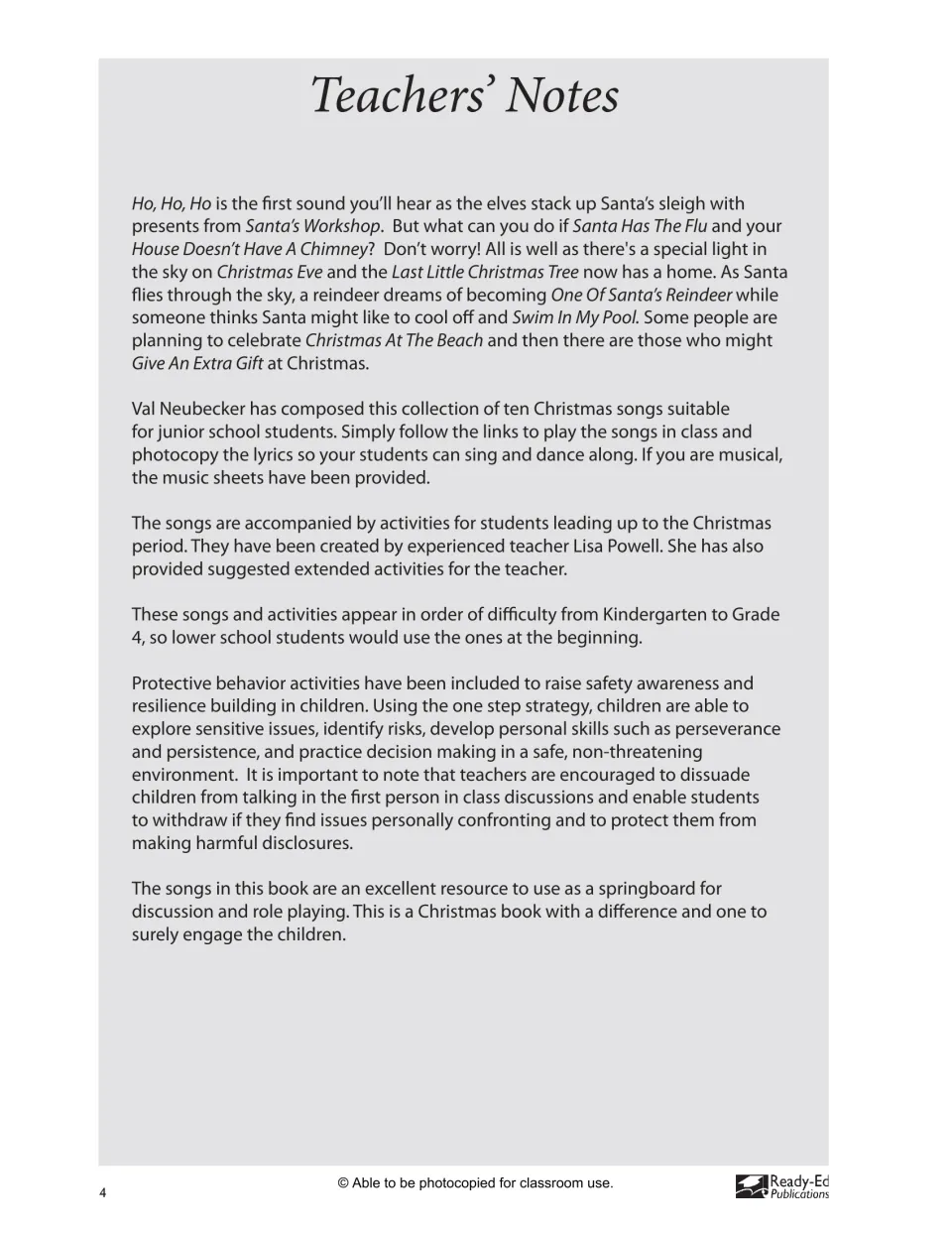 Teachers' notes introducing the ten songs by Val Neubecker, the online links, and the protective behaviour activities