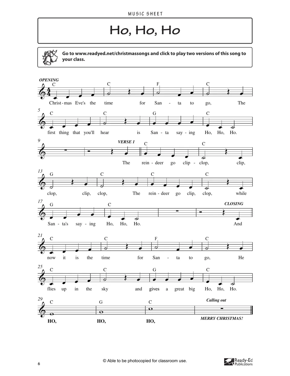 Ho, Ho, Ho music sheet: 4/4 melody with C, F and G chords and lyrics for the opening, verse 1 and closing