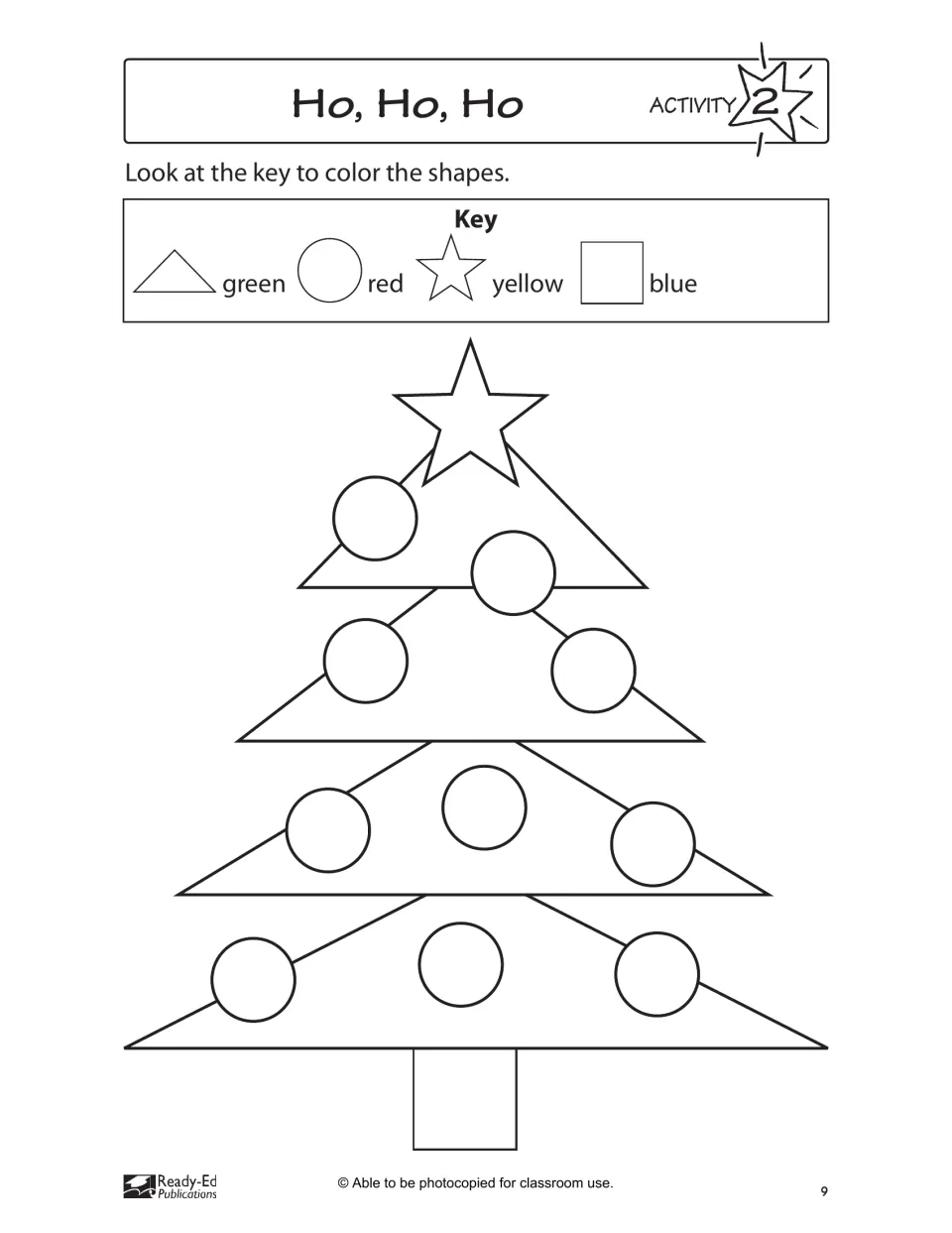 Shape color-by-key Christmas tree: students color triangles green, circles red, the star yellow and the square blue