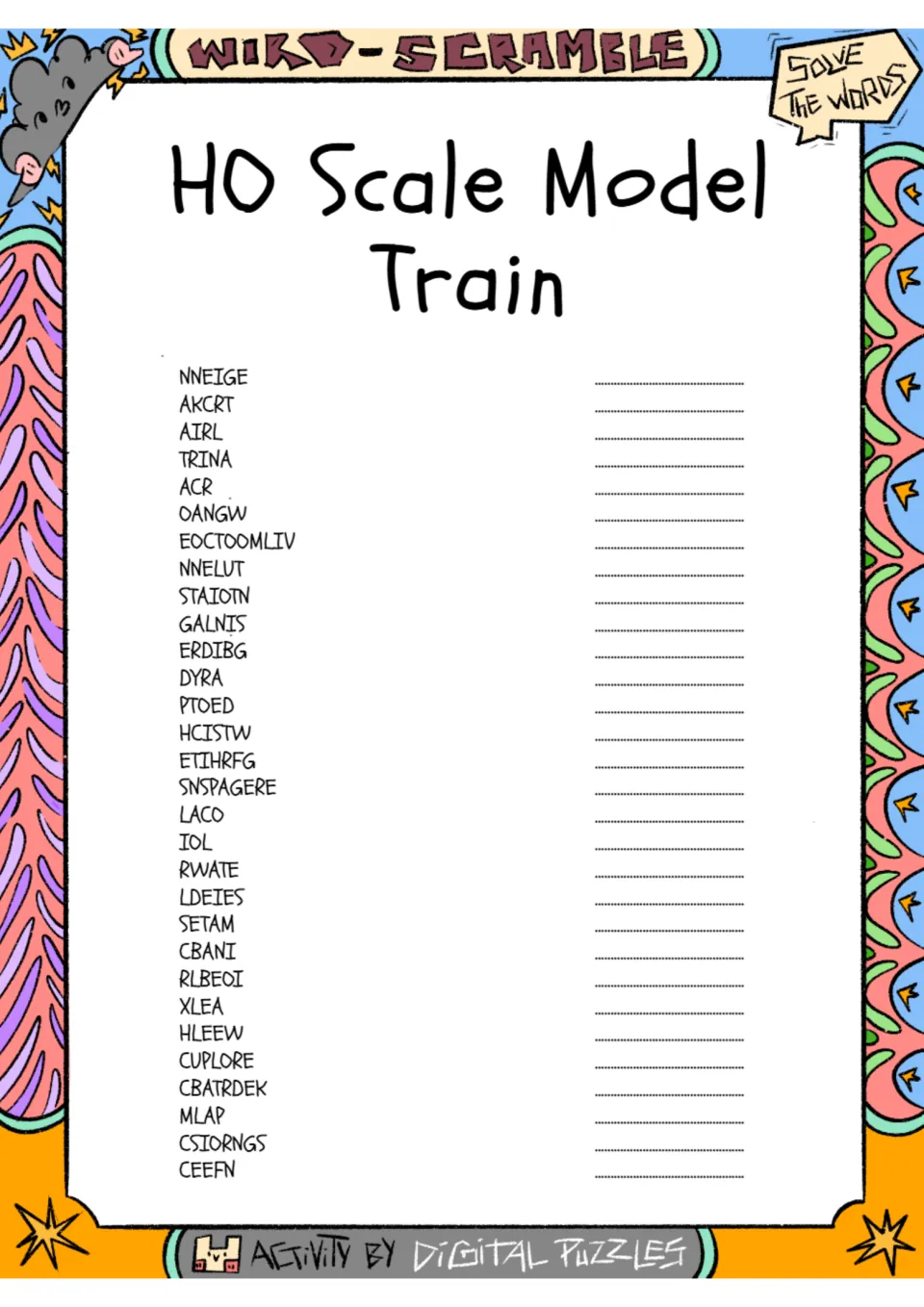 Model train word scramble: students unscramble 30 railway words such as NNEIGE, AKCRT and STAIOTN and write each answer