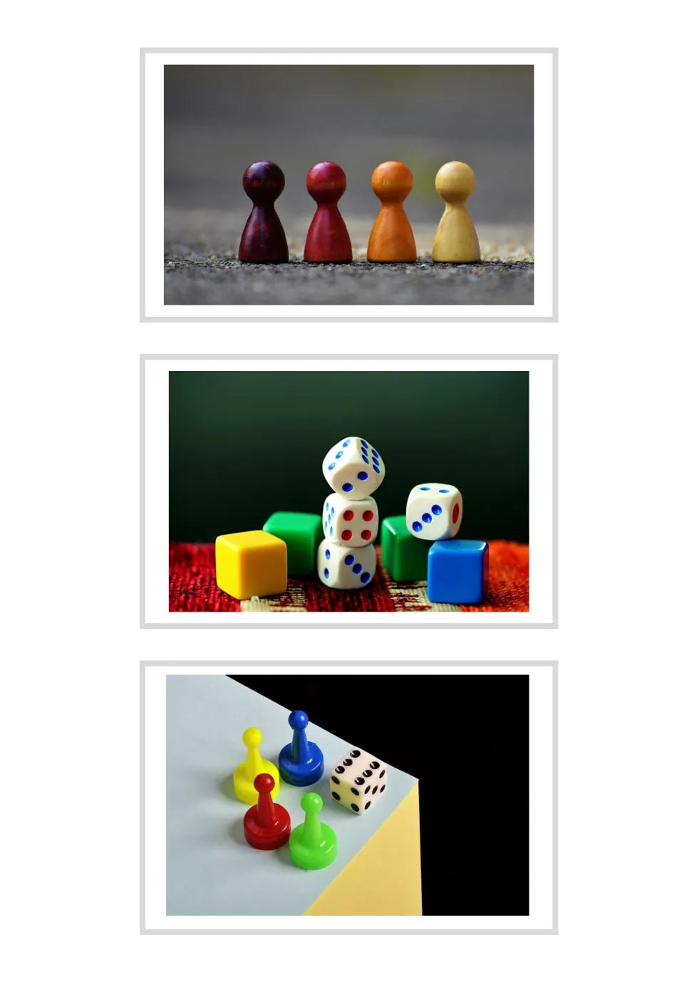 Board games picture cards: three unlabeled photos of wooden game pawns, stacked dice with cubes, and pawns beside a die
