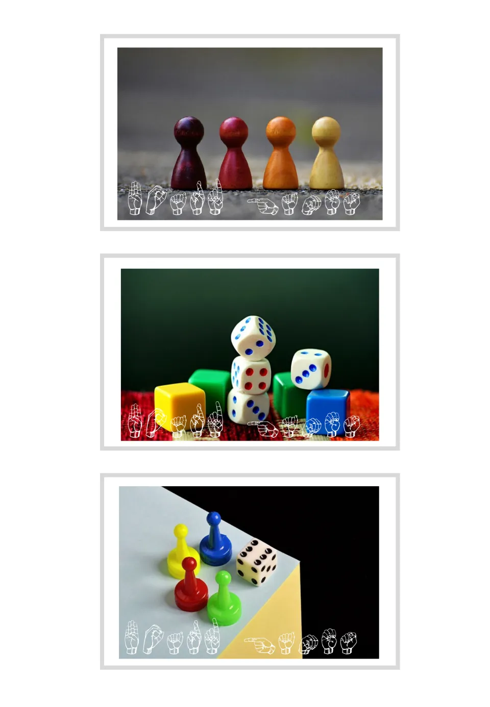 Board games sign cards: pawn and dice photos with the word spelled in ASL fingerspelling handshapes along the bottom
