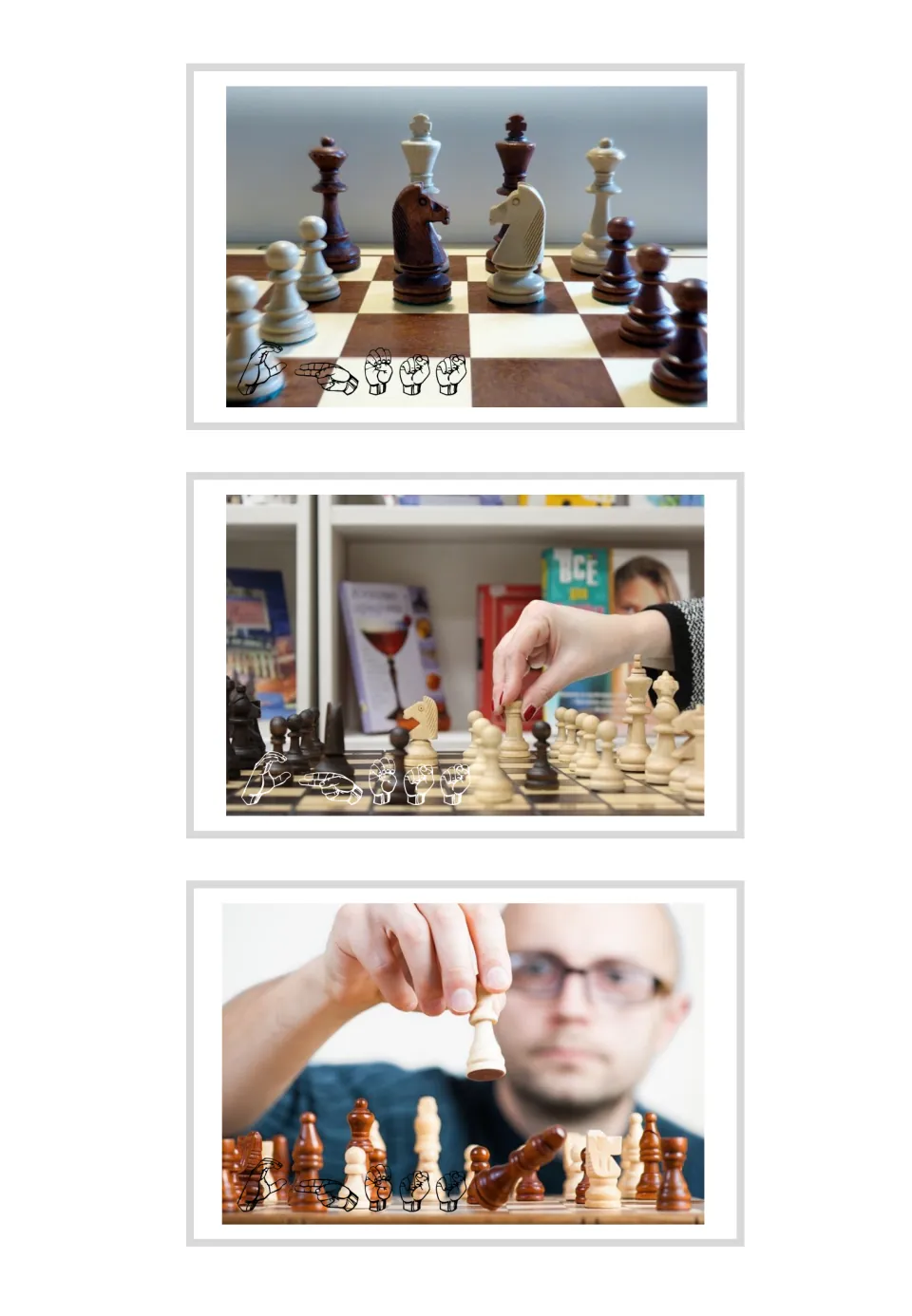 Chess sign cards: chessboard and player photos with C-H-E-S-S fingerspelled in ASL handshapes on each card