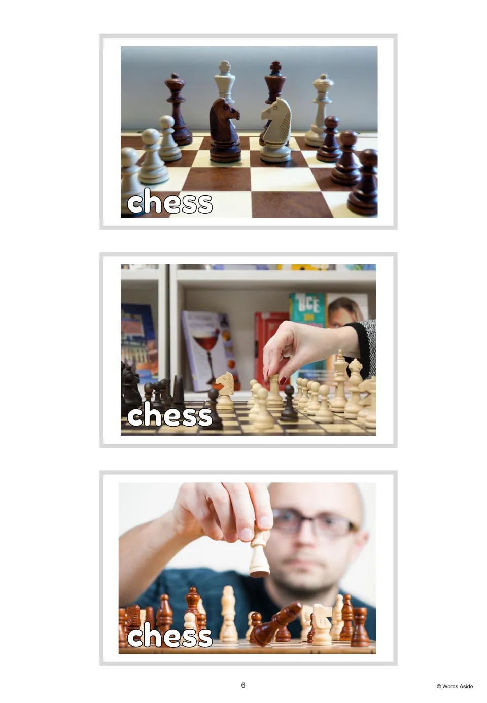 Three vocabulary photo cards labeled 'chess,' showing chess pieces on a board and two people moving pieces