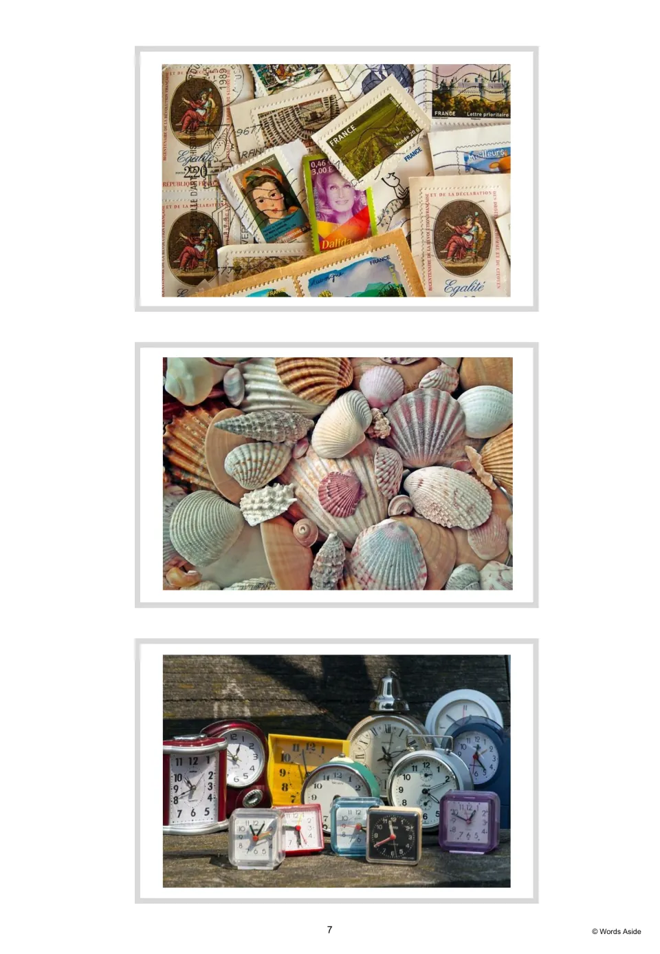 Three unlabeled collecting vocabulary photo cards showing collections of postage stamps, shells, and clocks