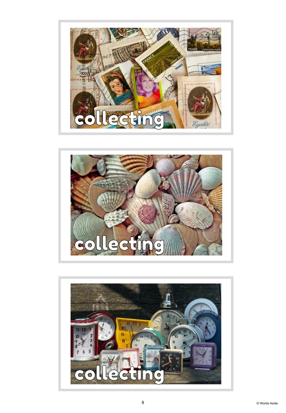 Three vocabulary photo cards labeled 'collecting,' showing collections of postage stamps, shells, and clocks