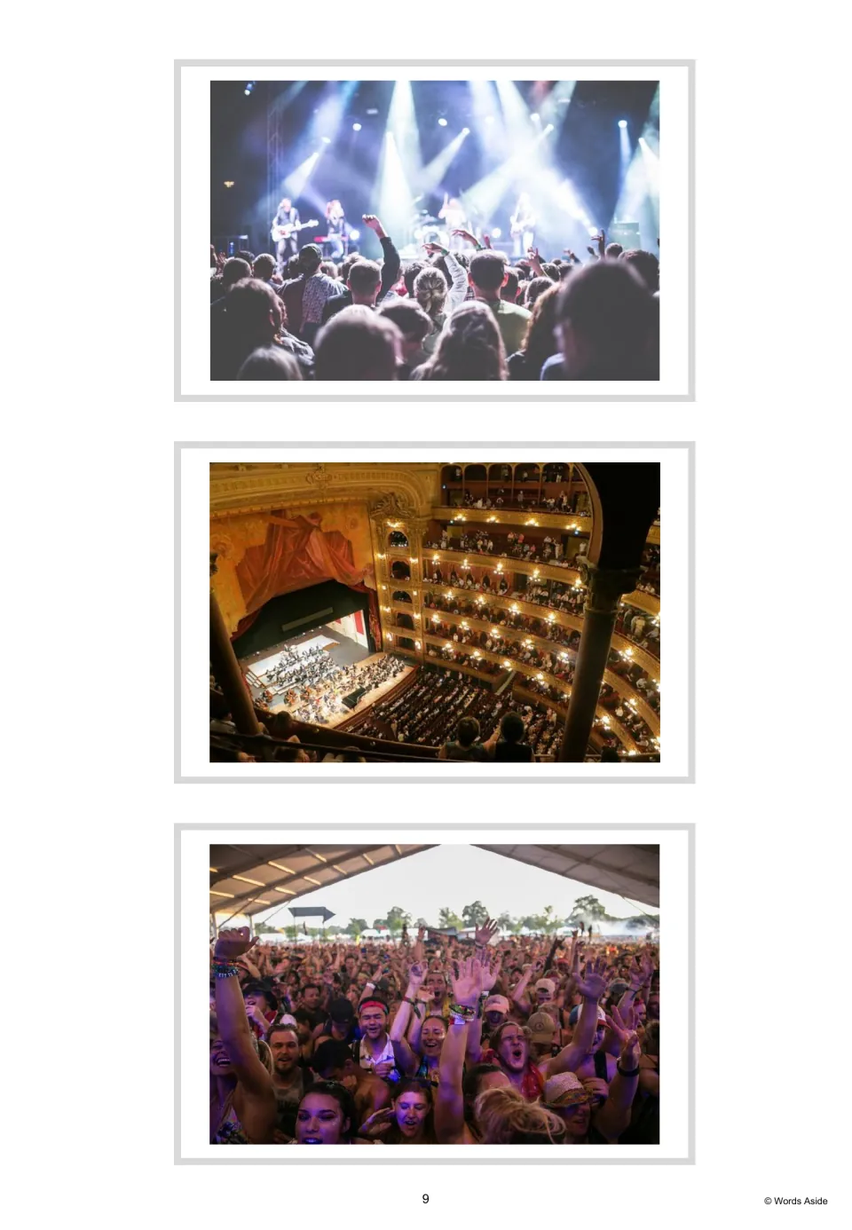 Three unlabeled concerts vocabulary photo cards showing a live band, an orchestra venue, and a festival crowd