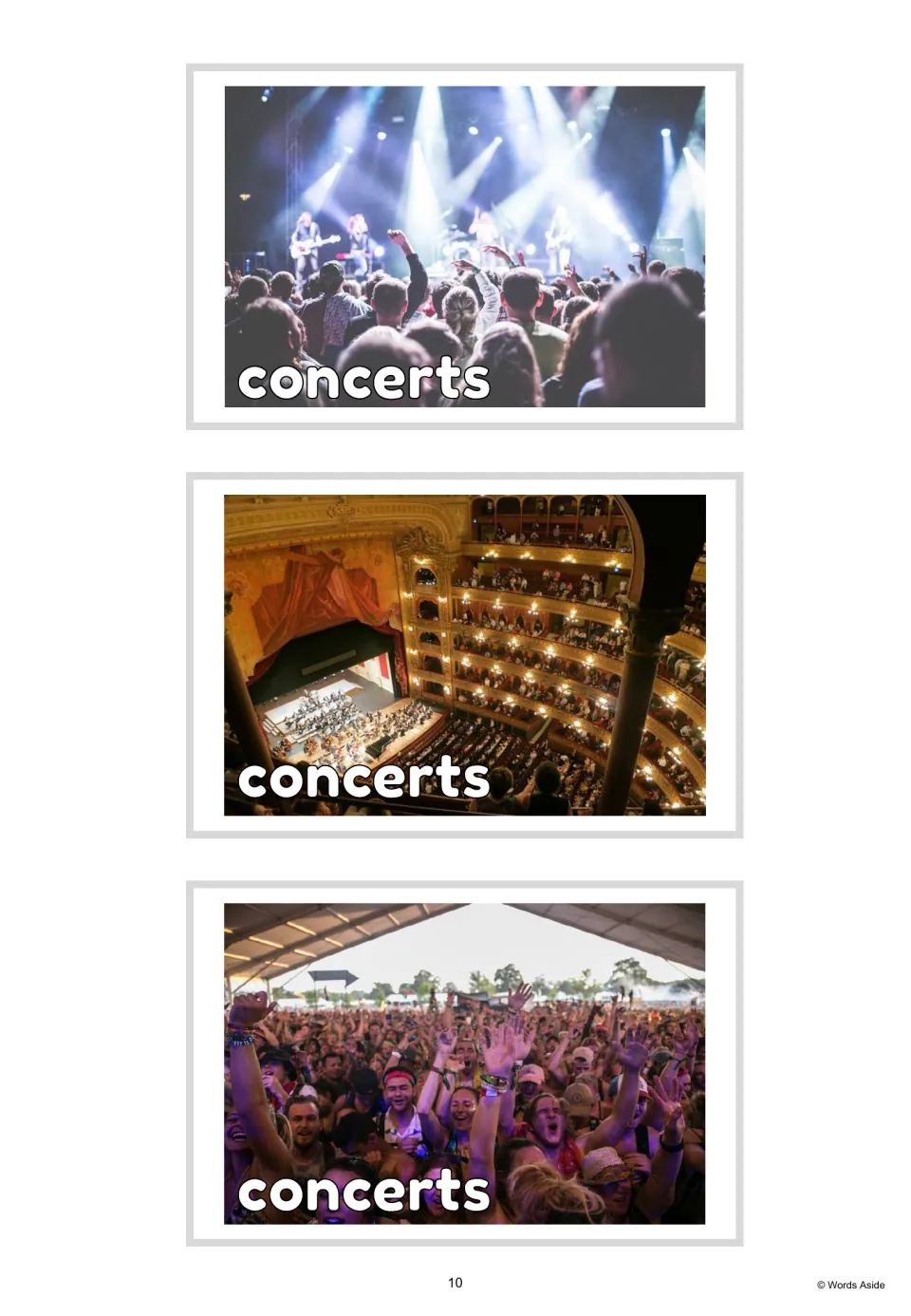 Three vocabulary photo cards labeled 'concerts,' showing a live band, an orchestra venue, and a festival crowd