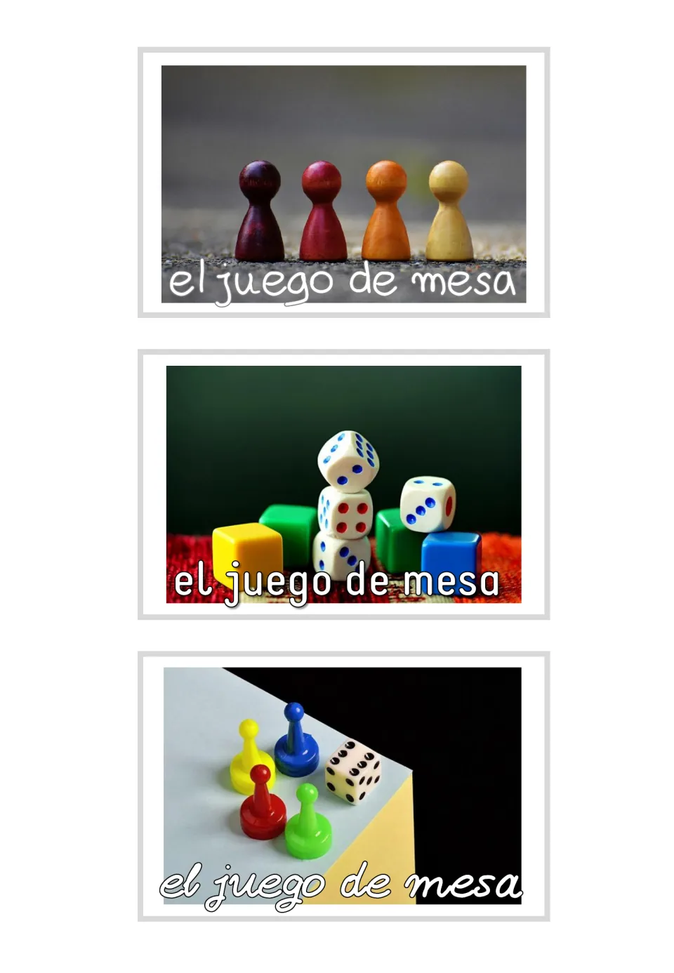 Three Spanish board game photo cards labeled “el juego de mesa” (board game), showing pawns and dice