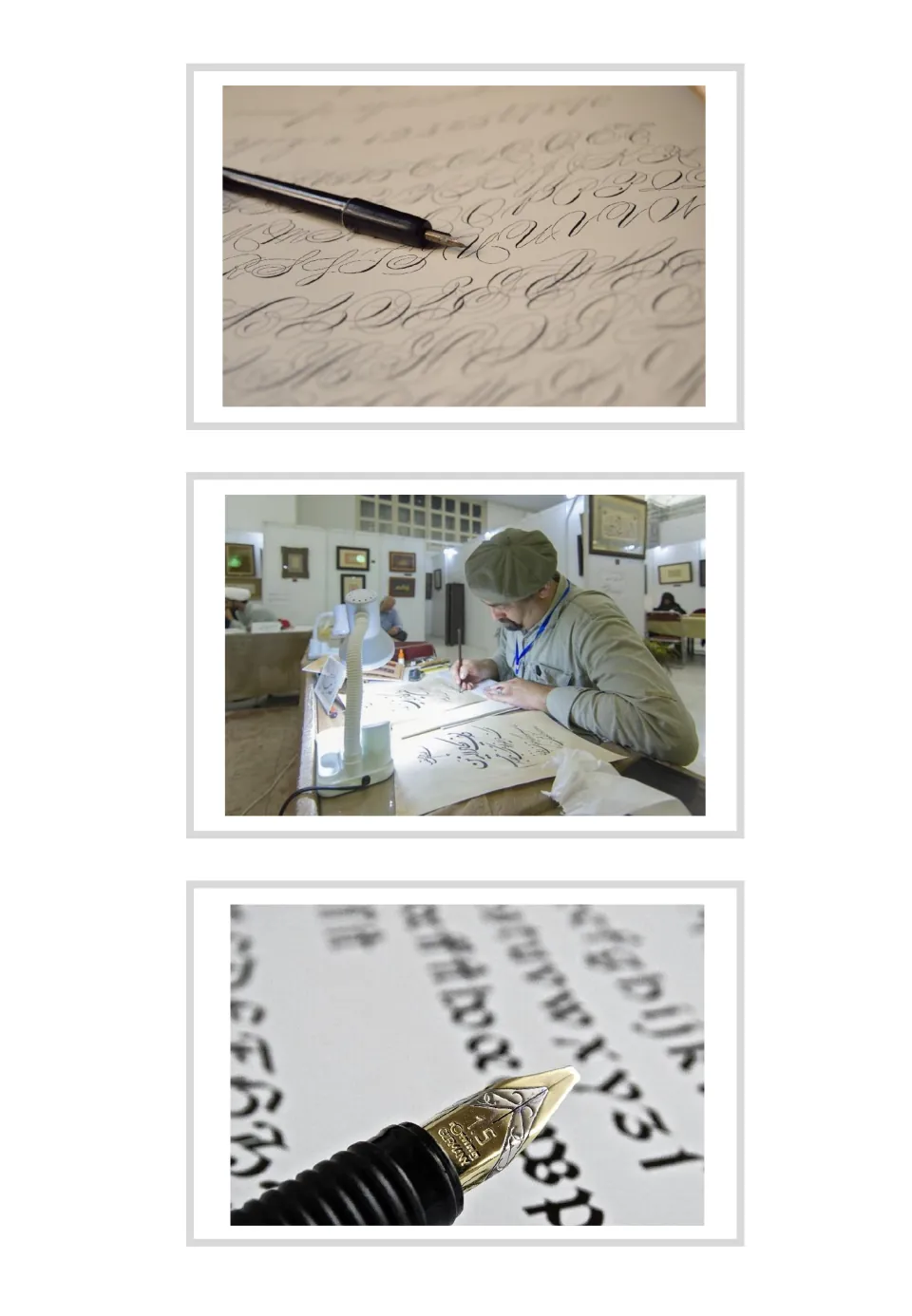 Three unlabeled calligraphy vocabulary photo cards showing a pen on script, a person writing, and a pen nib