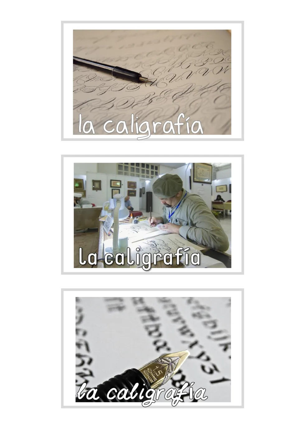Three Spanish photo cards labeled “la caligrafía” (calligraphy), showing script, a writer, and a pen nib