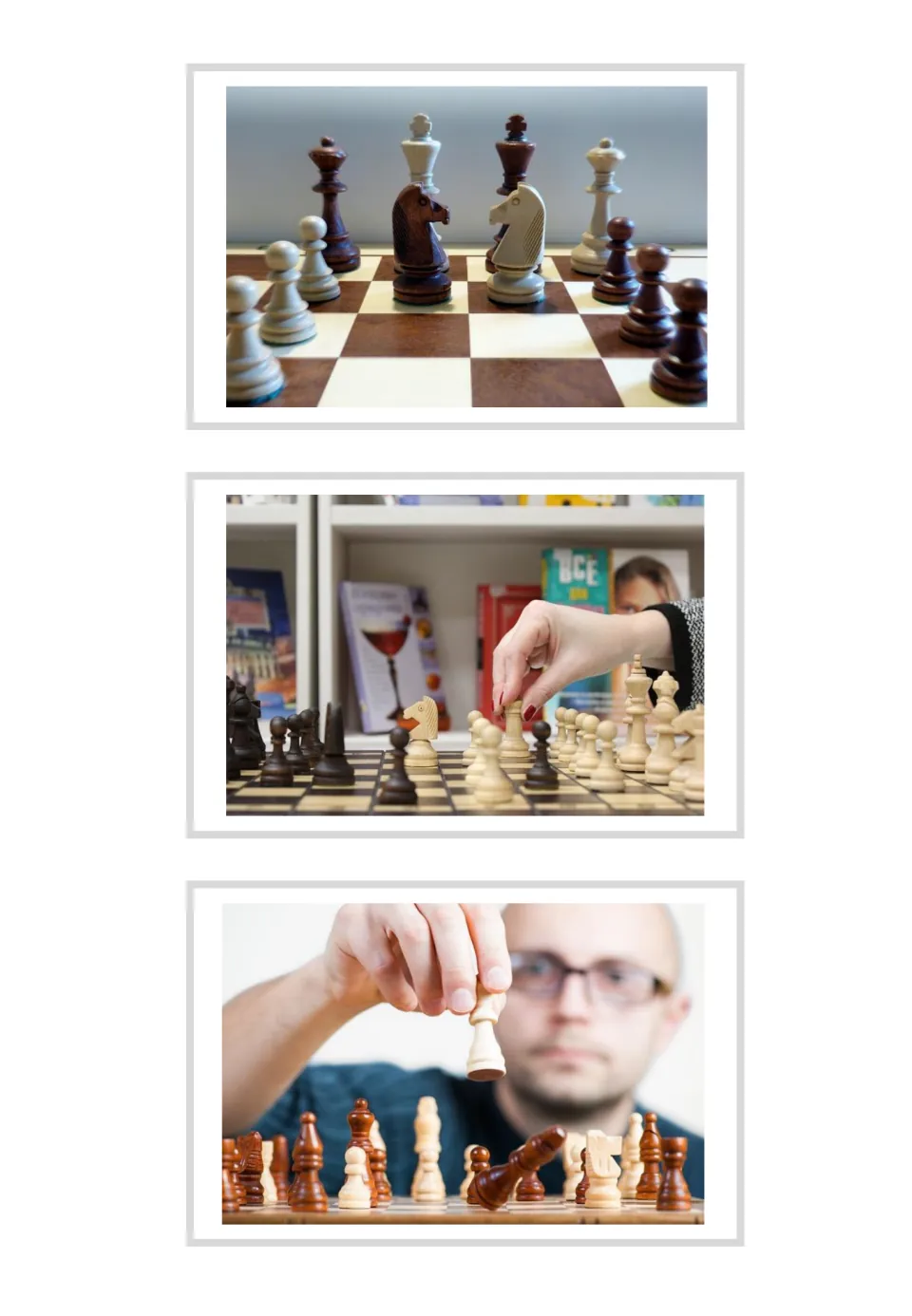 Three unlabeled chess vocabulary photo cards showing chess pieces on a board and two people moving pieces