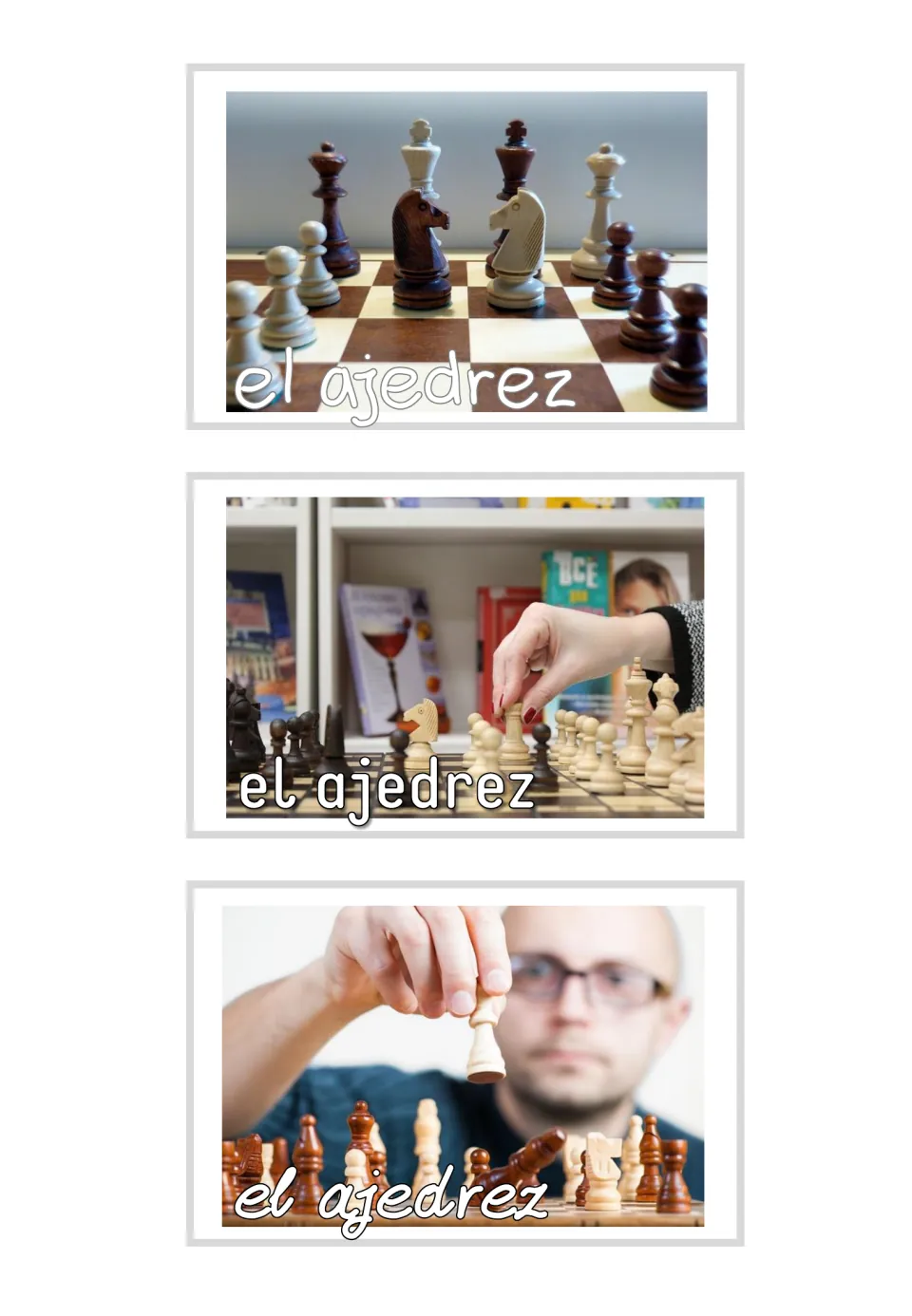 Three Spanish chess photo cards labeled “el ajedrez” (chess), showing a board and players moving pieces