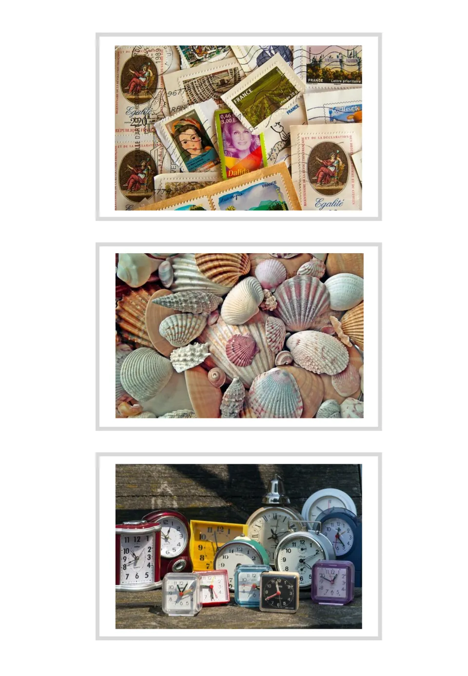 Three unlabeled collecting vocabulary photo cards showing collections of postage stamps, seashells, and clocks