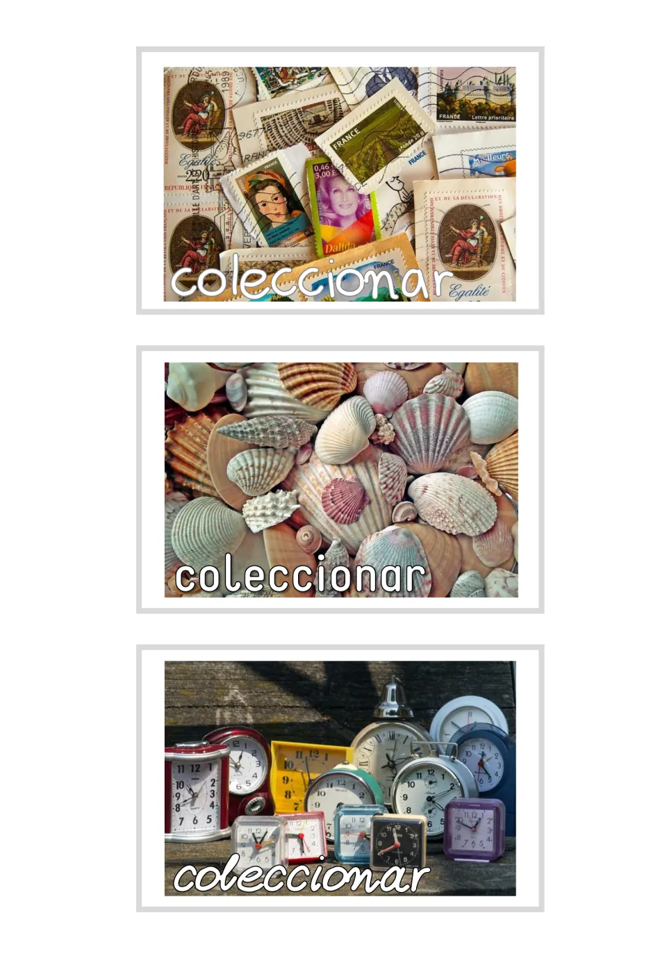 Three Spanish photo cards labeled “coleccionar” (to collect), showing postage stamps, seashells, and clocks