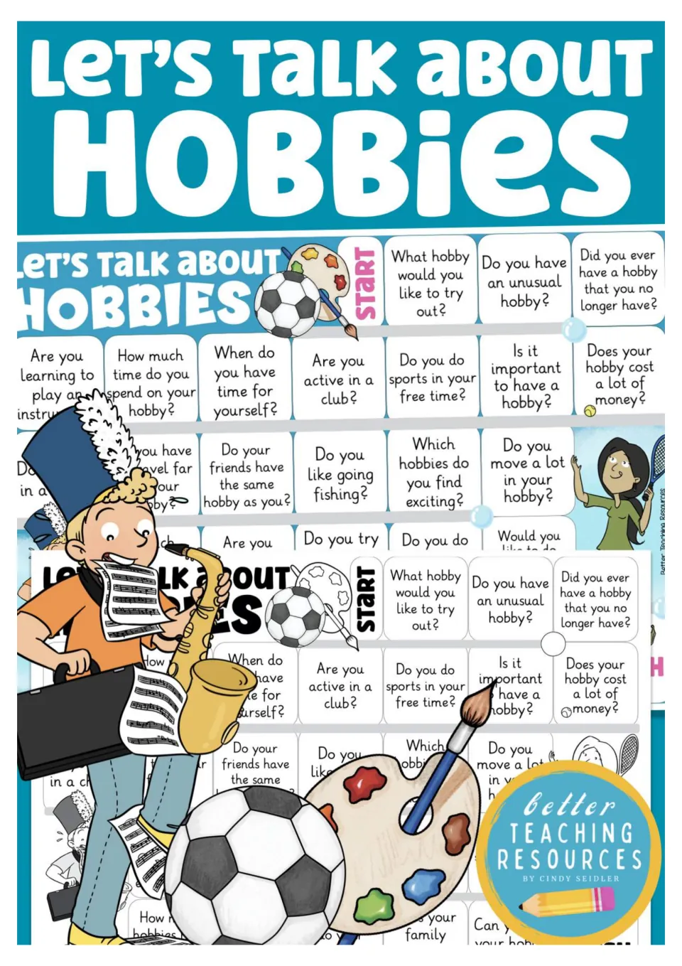 Let's Talk About Hobbies cover showing a board game with a saxophone player, soccer ball, paint palette and tennis player
