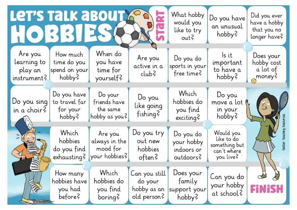 Hobbies conversation board: students move from START to FINISH, asking questions like 'Do you sing in a choir?'