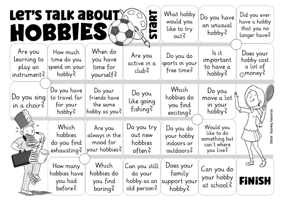 Black-and-white hobbies board: students answer questions along the path, like 'Can you do your hobby at school?'