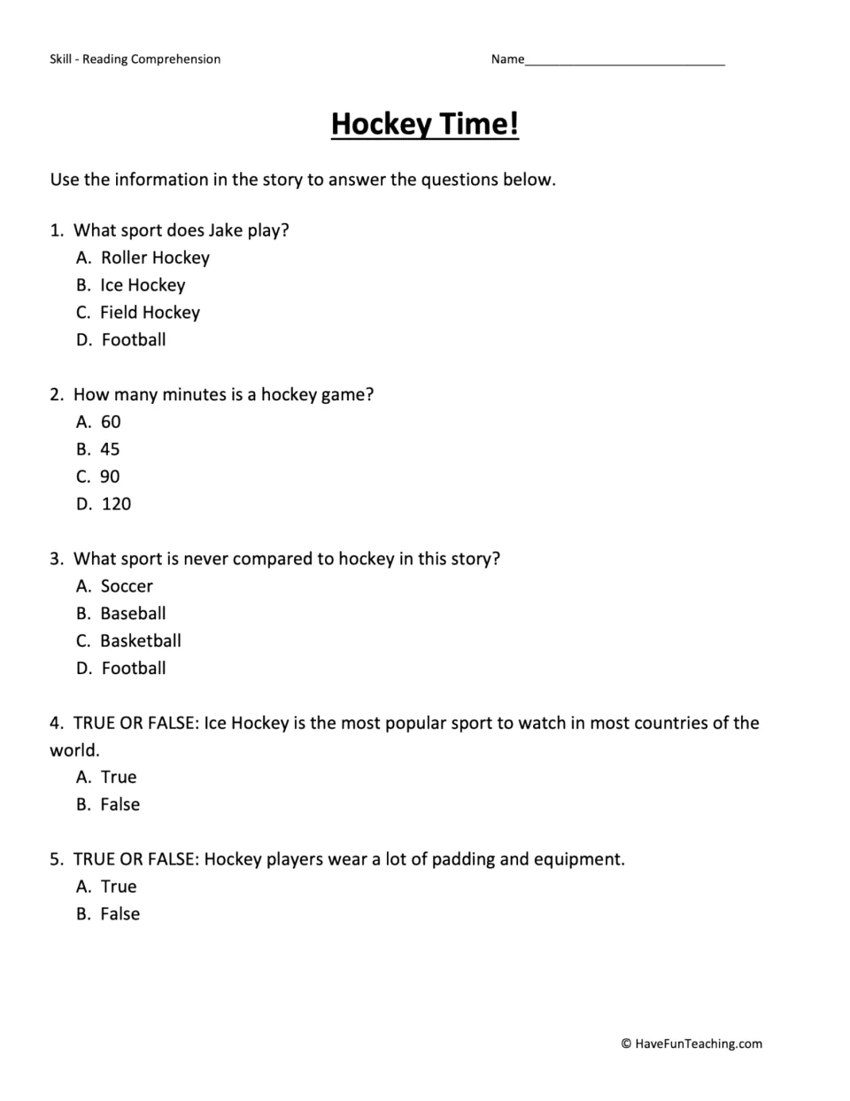 Five reading comprehension questions about Jake's sport, game length, comparisons, popularity, and padding.